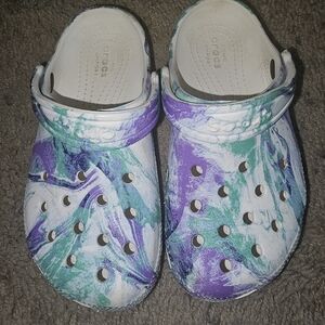 Kids white, purple and turquoise crocs, 12c